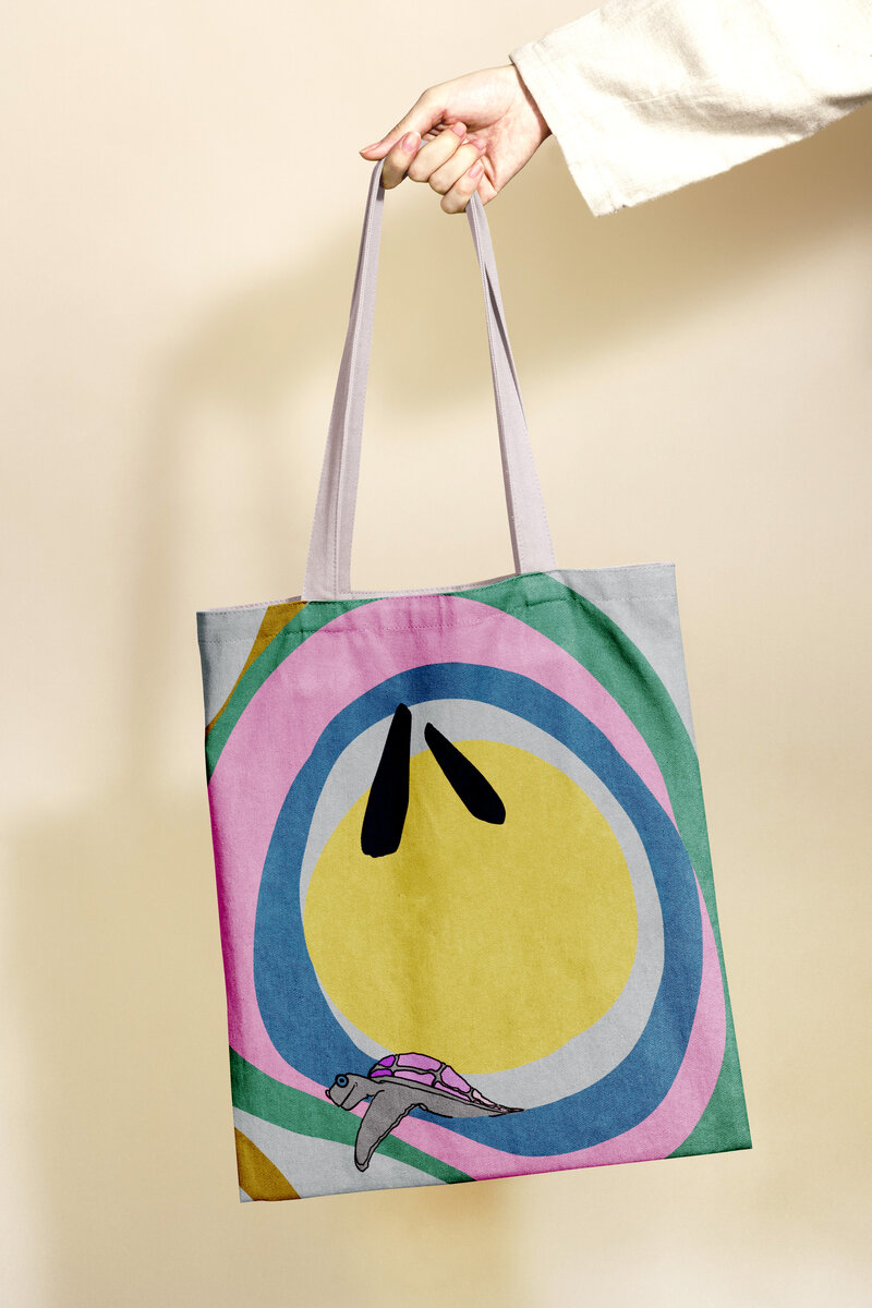 Screen printed on dyed denim tote bag